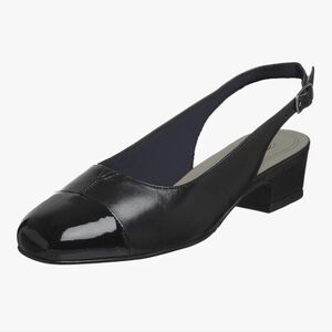 NWOT Trotters Dea Black Leather Slingback Pump 10.5 M Cap Toe Low Block Heel